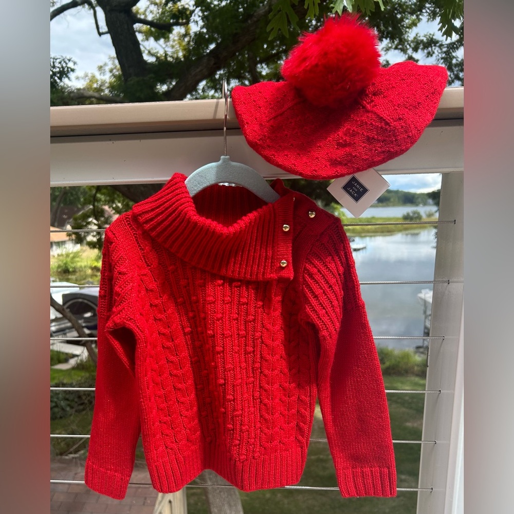Janie and Jack red knit sweater plus Pom hat. New with tags.